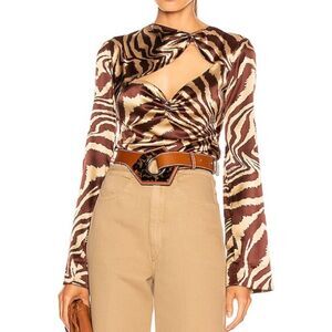 GANNI Tannin Animal Print Silk Stretch Satin Baddie Blouse Size EU 38/ US 6